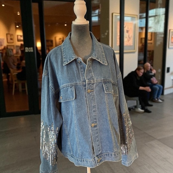 SHEIN Jackets & Blazers - SHEIN Denim Jacket with Sparkling Silver Sleeves